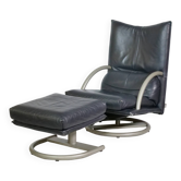 Fauteuil en cuir au design vintage Rolf Benz BMP 418 avec repose-pieds, années 1980.