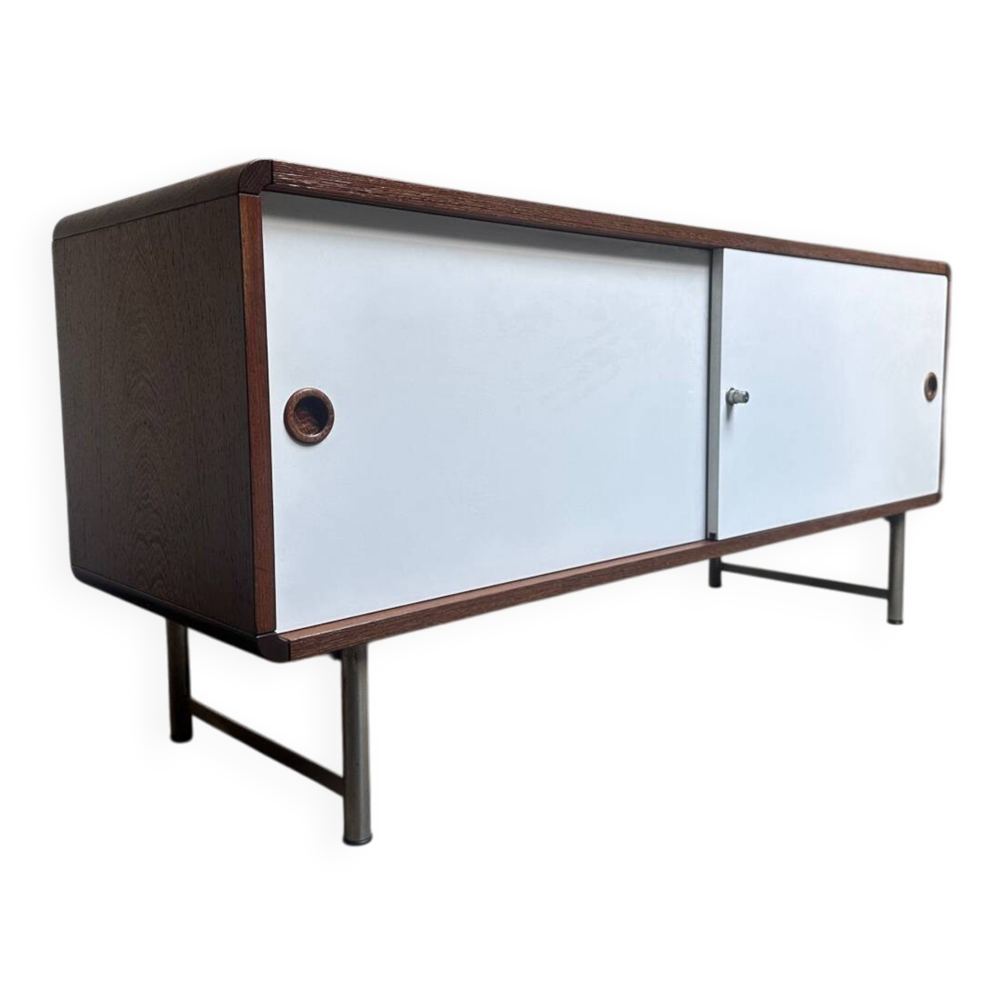 Buffet vintage Pastoe – Placage wengé et portes coulissantes blanches