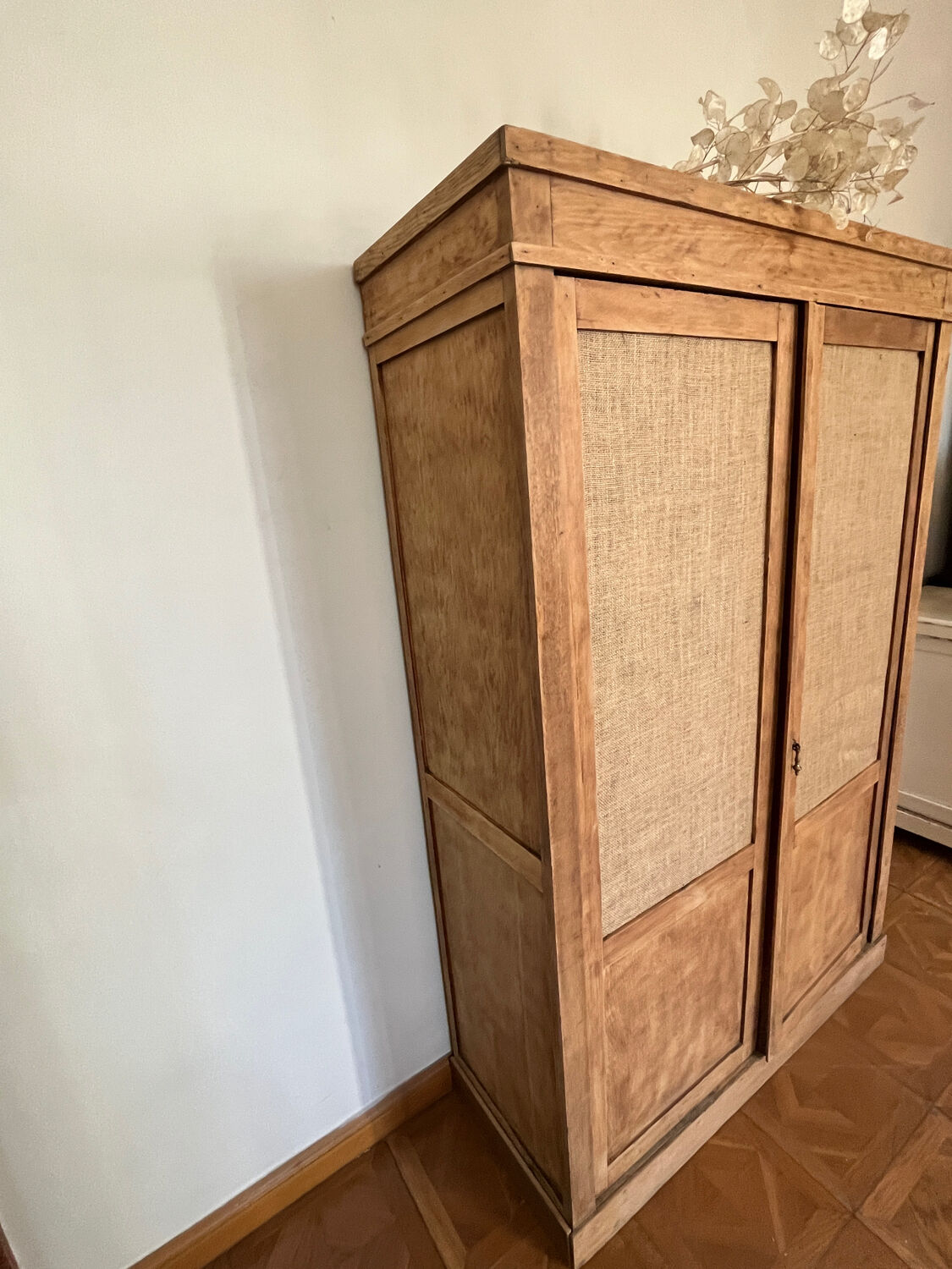 Raw wood cabinet & burlap