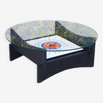 Designer coffee table with double sun ceramic tops and glass, blackened wood base