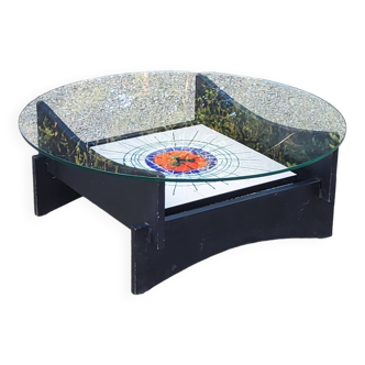 Designer coffee table with double sun ceramic tops and glass, blackened wood base