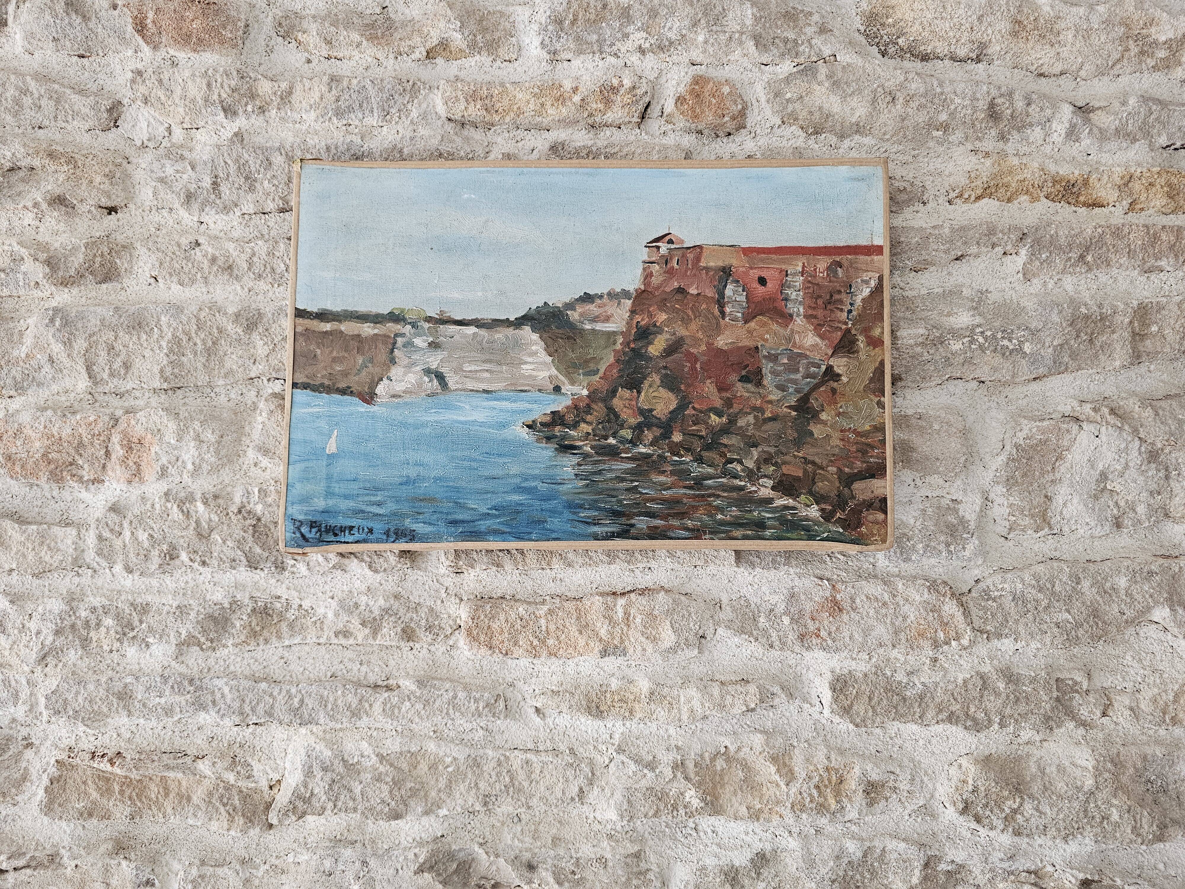 Set of 2 Oil Paintings on Canvas Marine Cliffs Signed R Faucheux 19