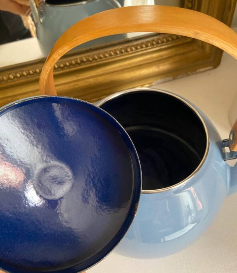 Vintage blue enamelled tin teapot with wooden handle