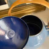 Vintage blue enamelled tin teapot with wooden handle