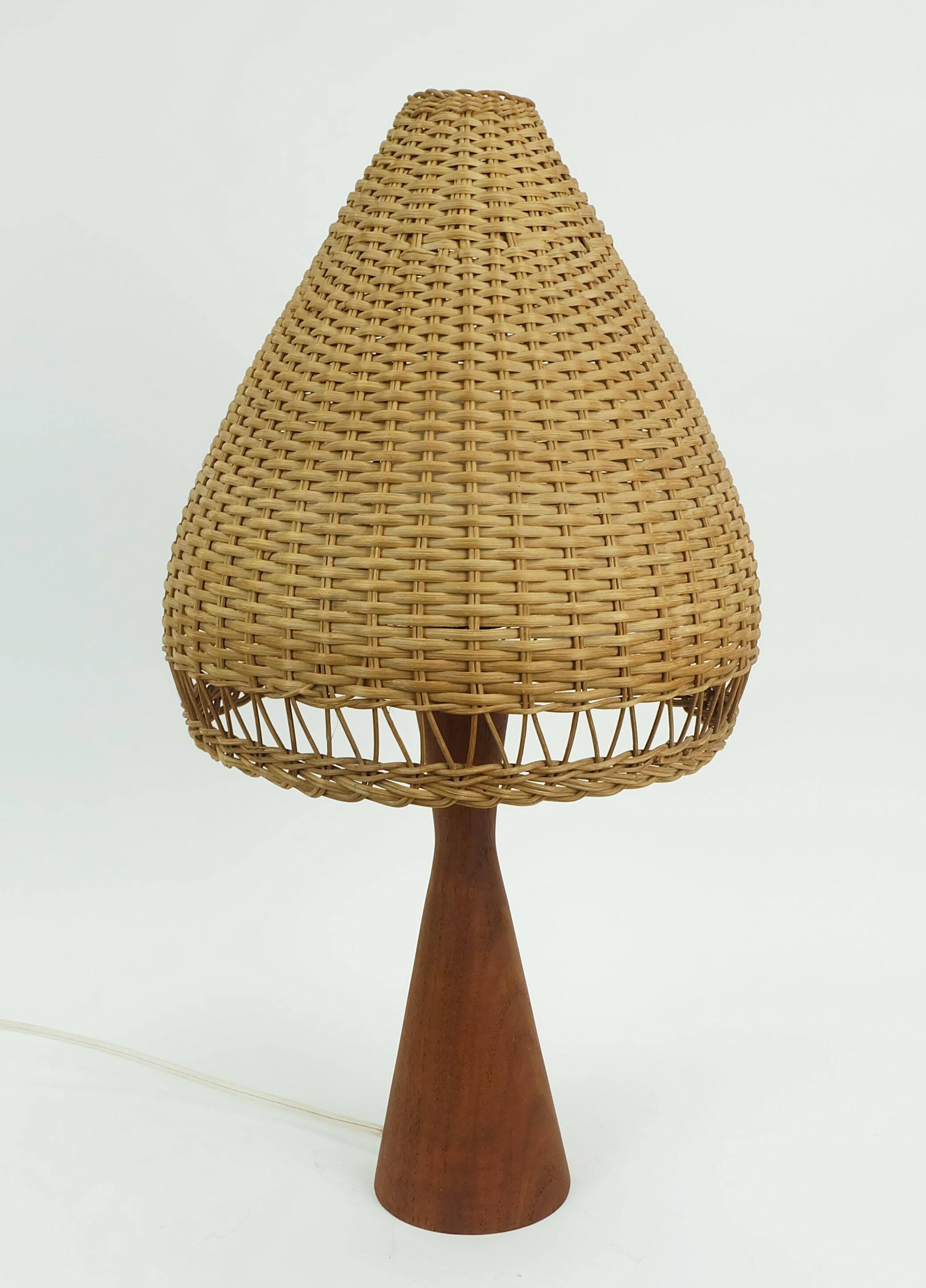 Danish modern table lamp teak and rattan 1960s mid century wicker light