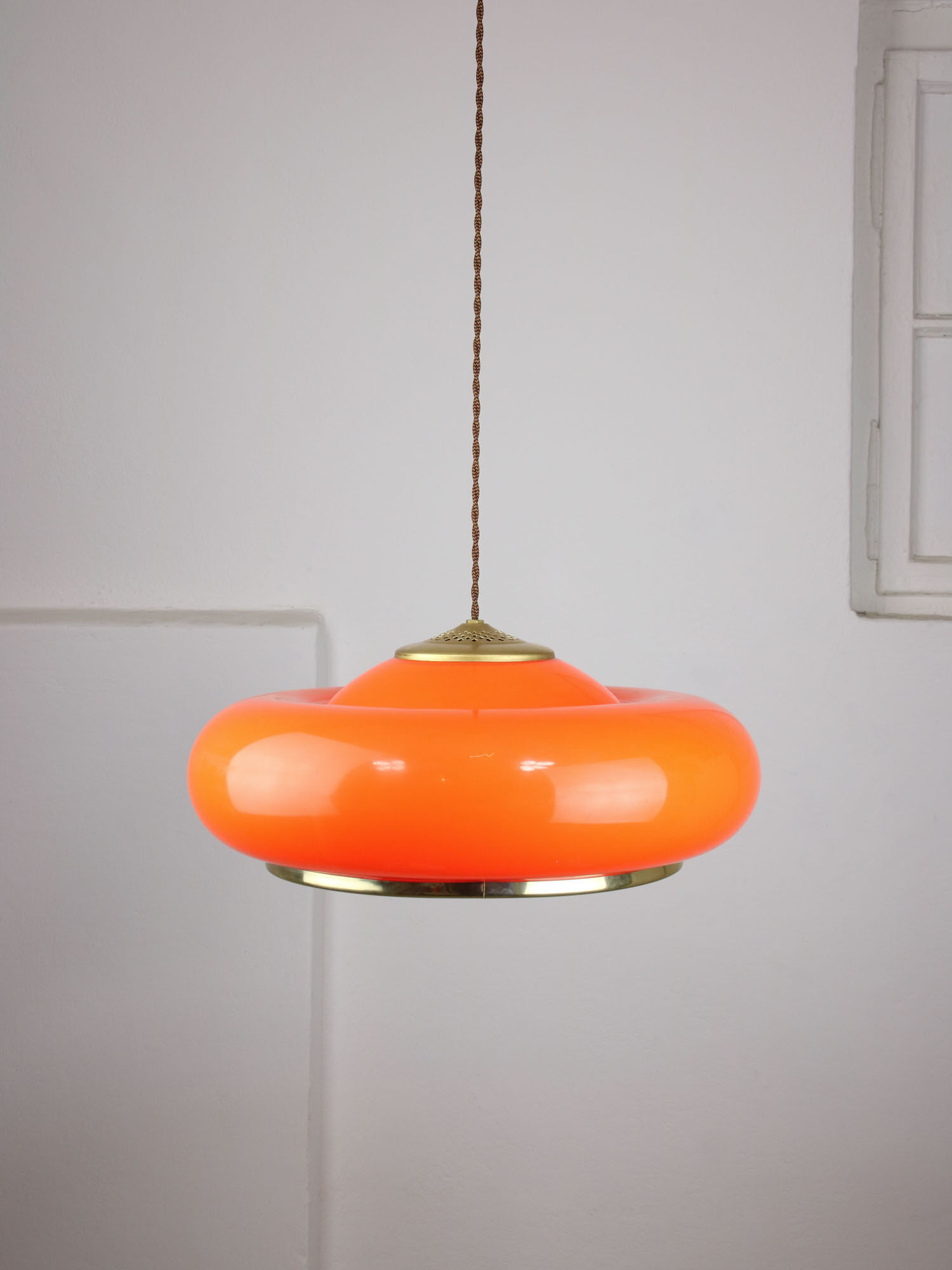 Space-age orange brass and plexiglass pendant lamp 70s