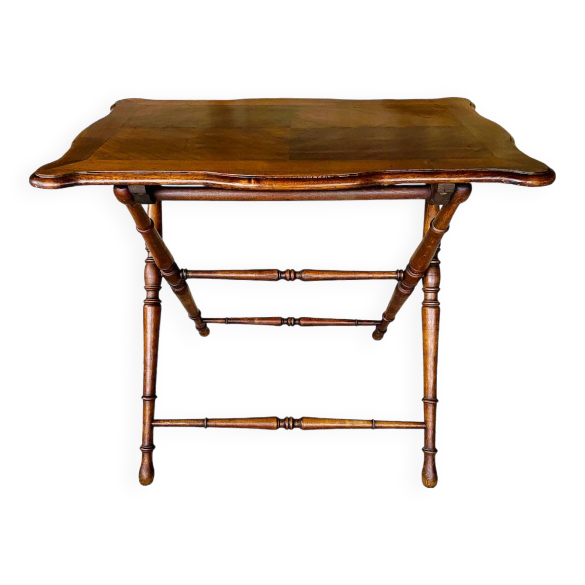 Folding side table in turned wood and marquetry circa 30's/40's