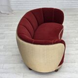 1960s, Danish curved 2-seater sofa, red/beige furniture wool fabric.