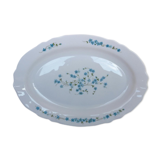 Plat oval Arcopal veronica myosotis fleurs bleues opaline vintage retro