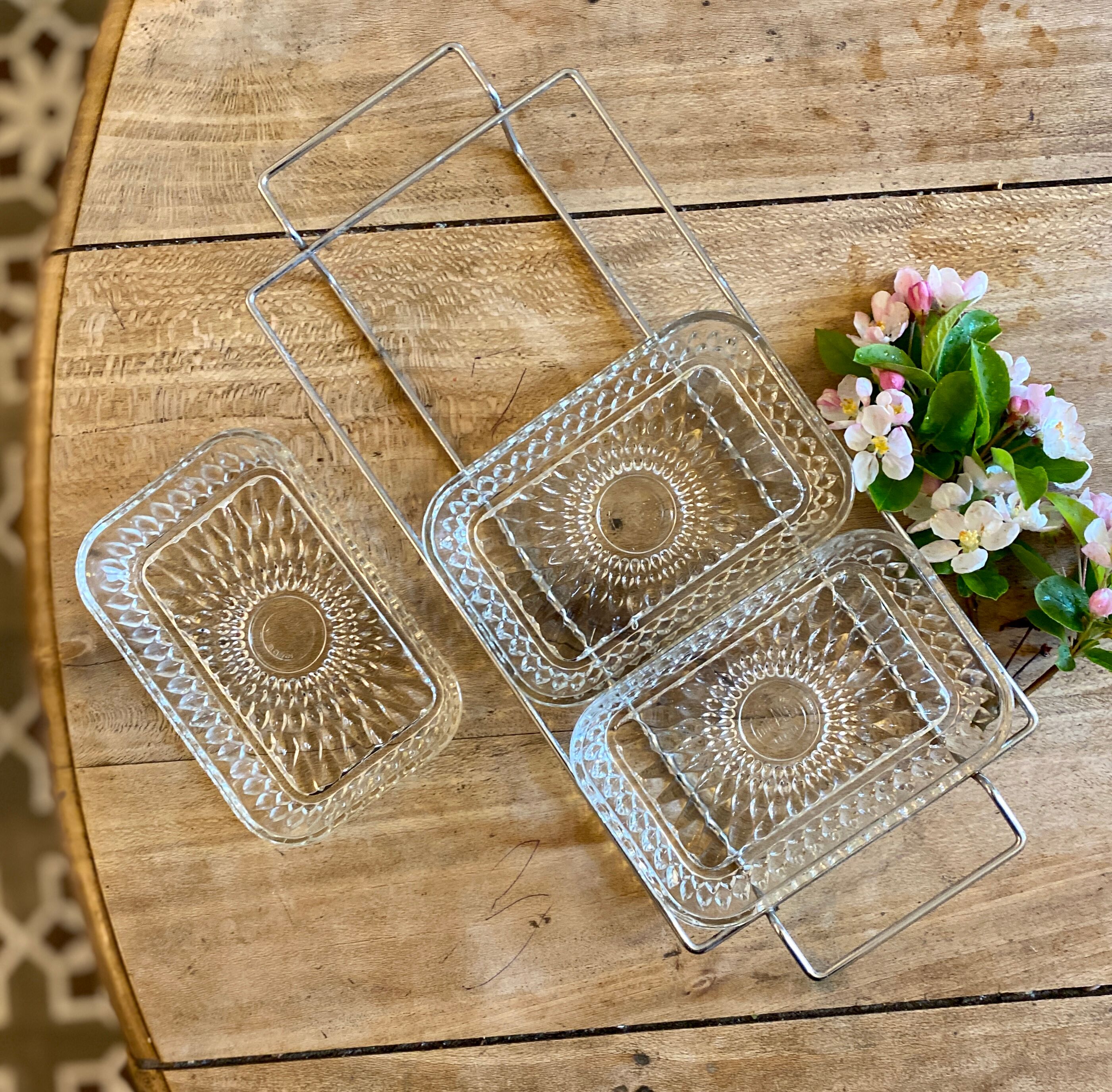 Duralex vintage glass and silver metal tray/servant
