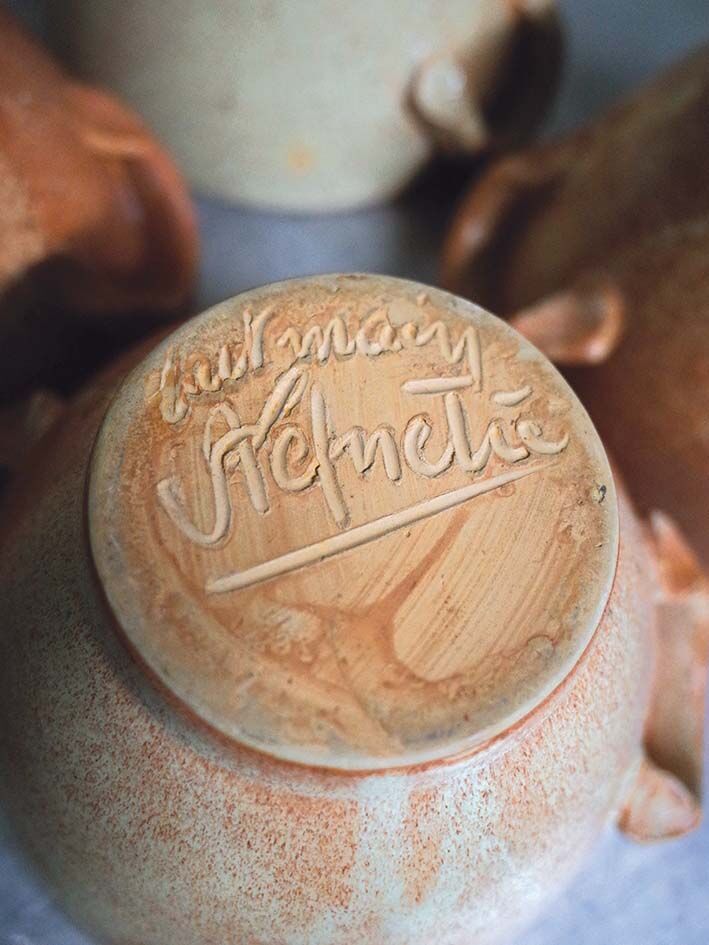 Set of 5 large sandstone bowls signed