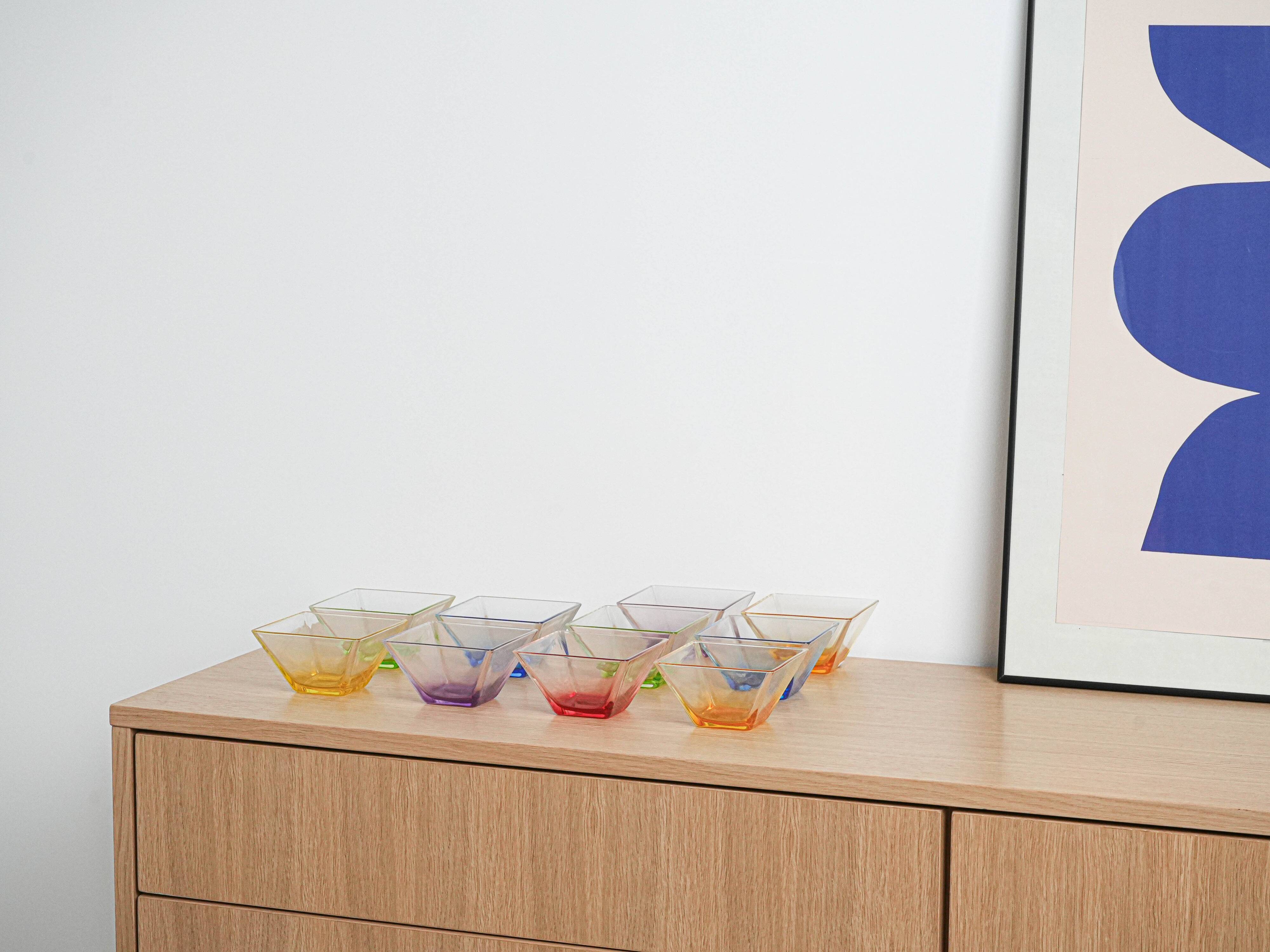 Set of square glass bowls, Italian design, 1980s, made in Italy