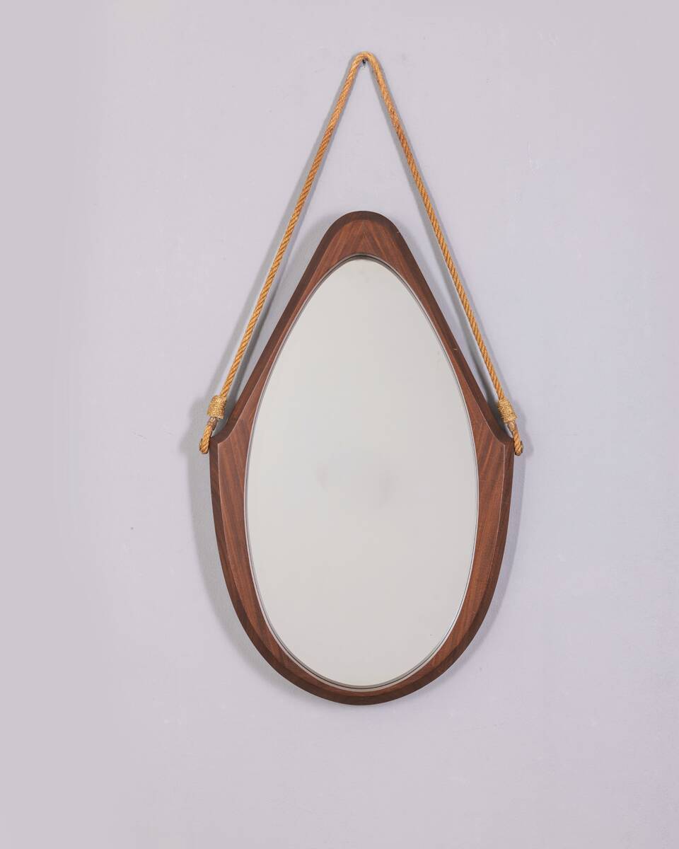 VINTAGE 1970S OVAL WALL MIRROR IN WOOD, ITALIAN DESIGN