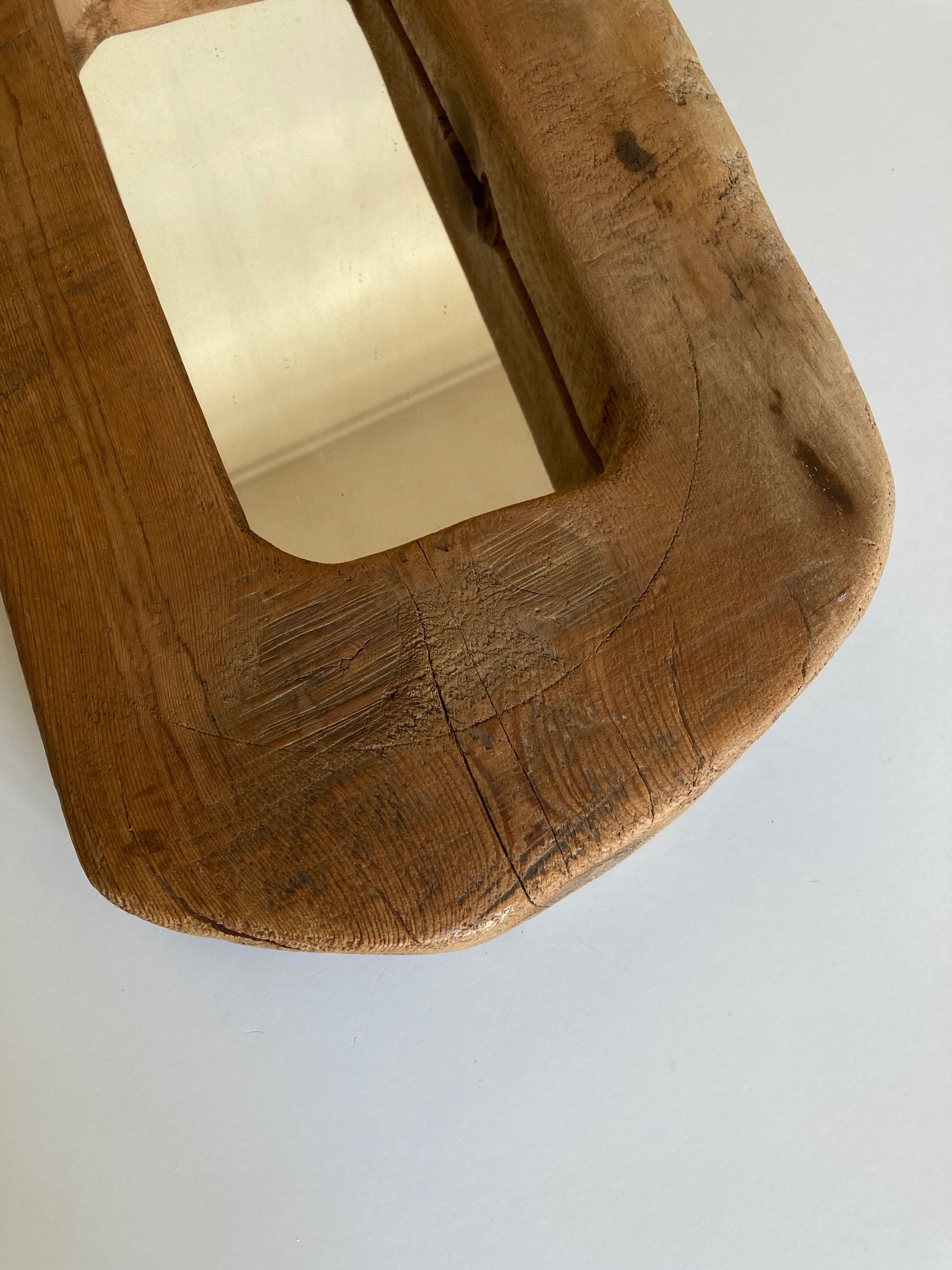 Mirror cubist shape in raw wood Formentera 1970