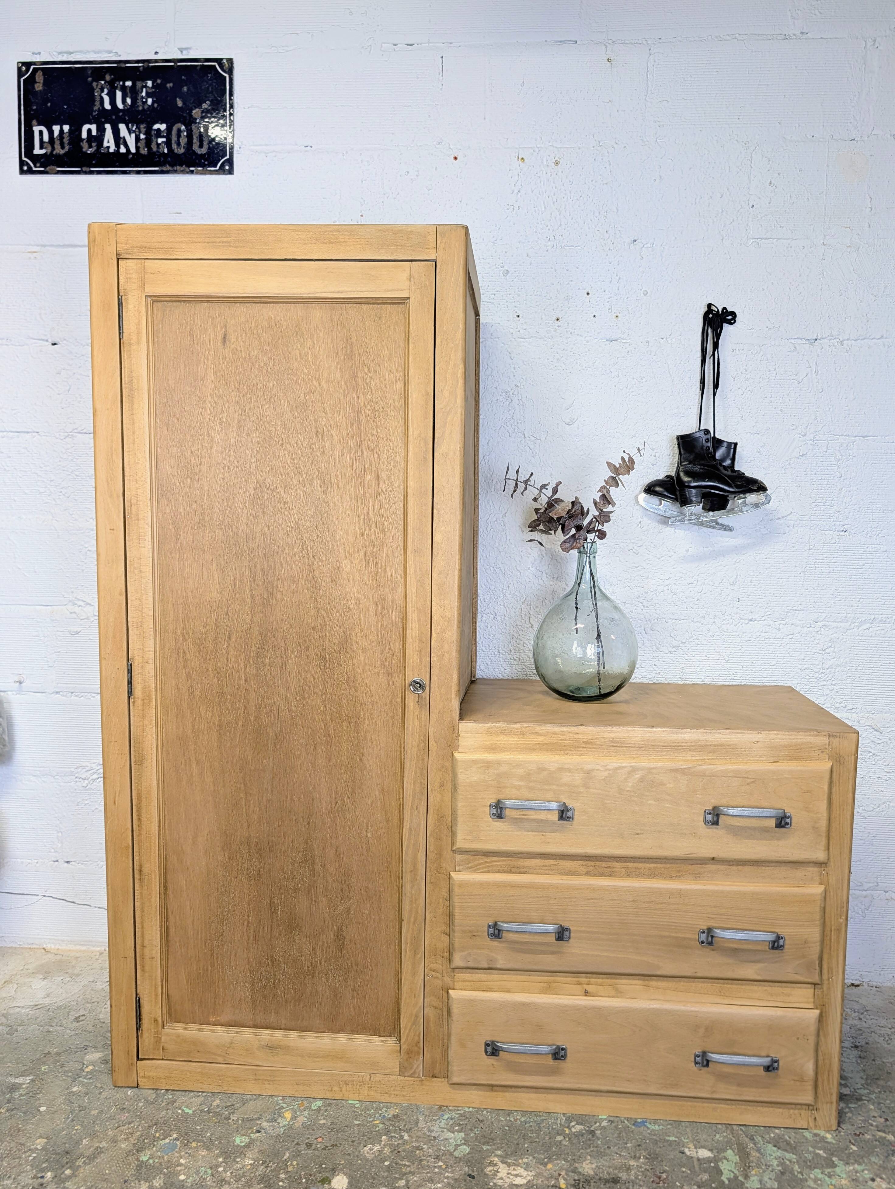 Armoire, penderie 1 porte et commode 3 tiroirs vintage
