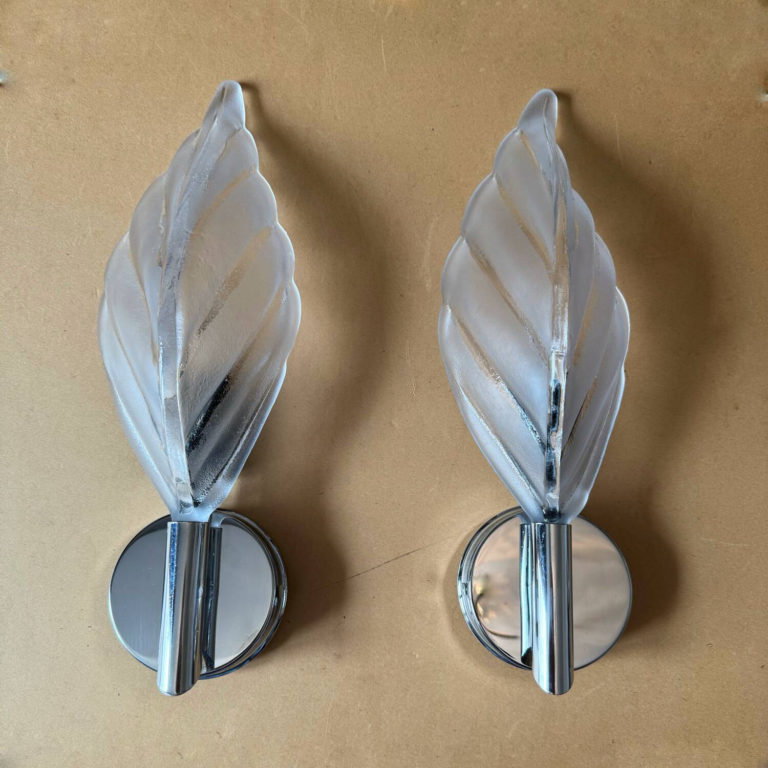 70s glass and chrome metal leaf wall lights