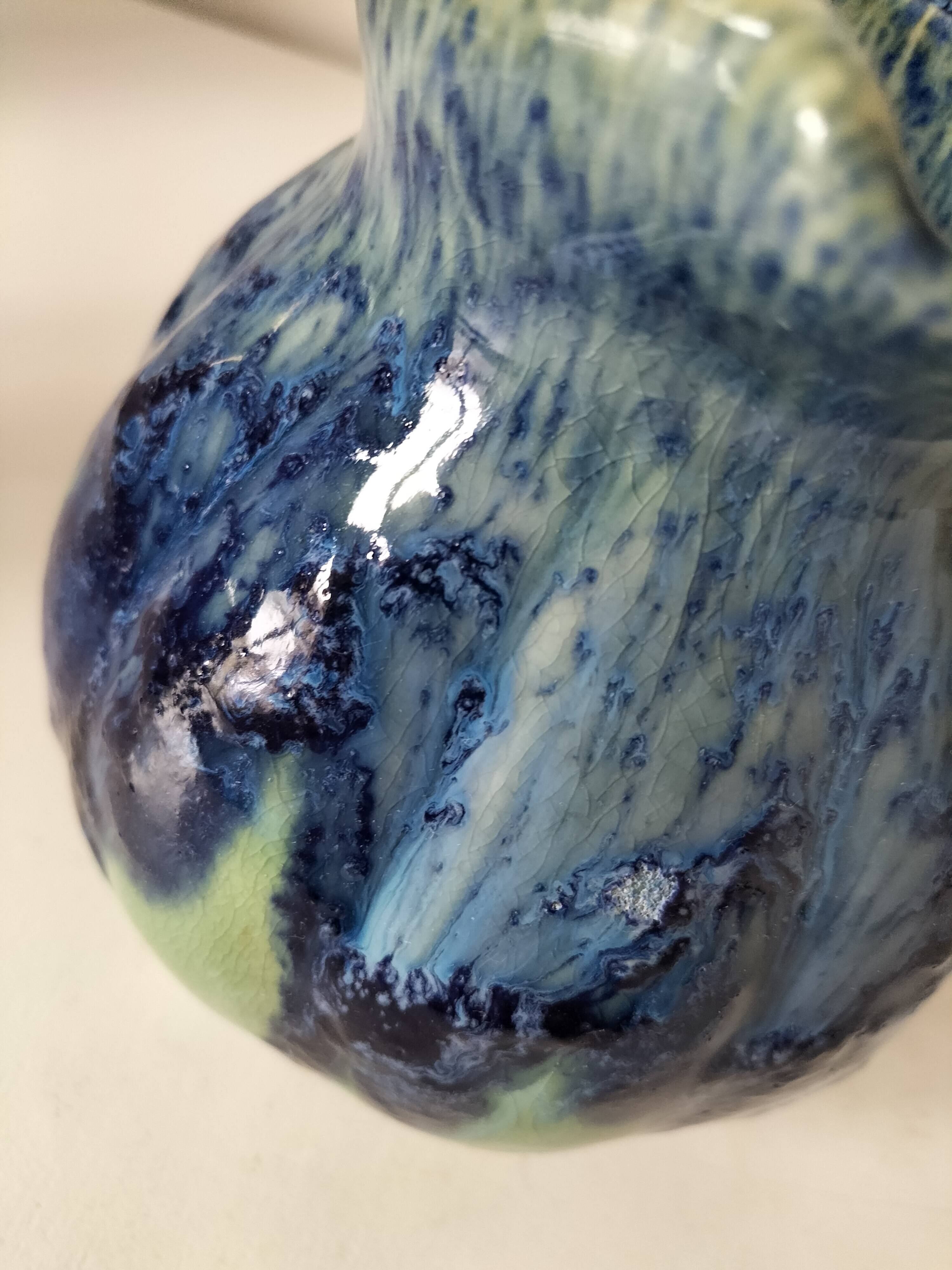 Pichet vernissé bleu et vert, vintage années 1970