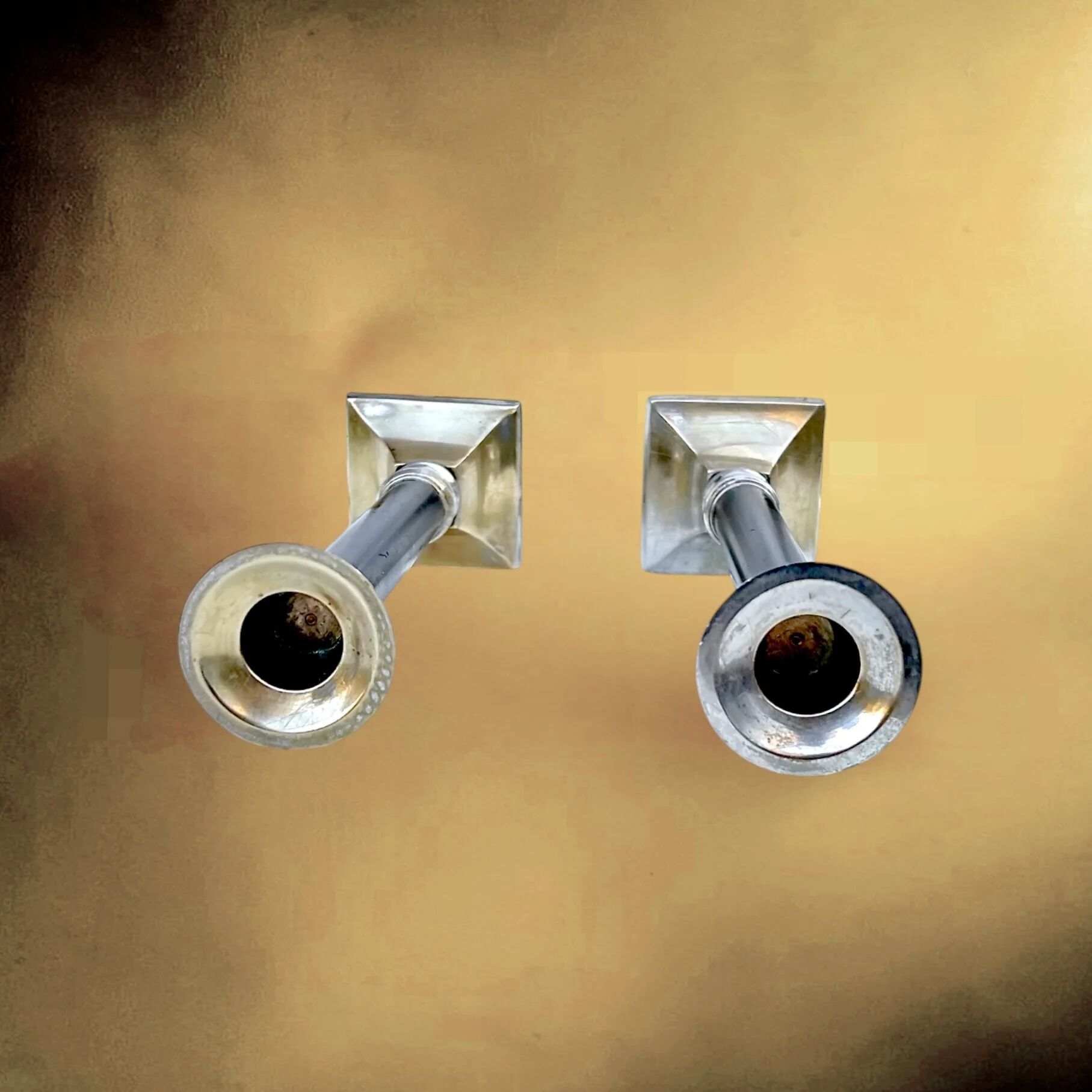 Pair of Art Deco candlesticks in nickel-plated metal and black column – 1930s