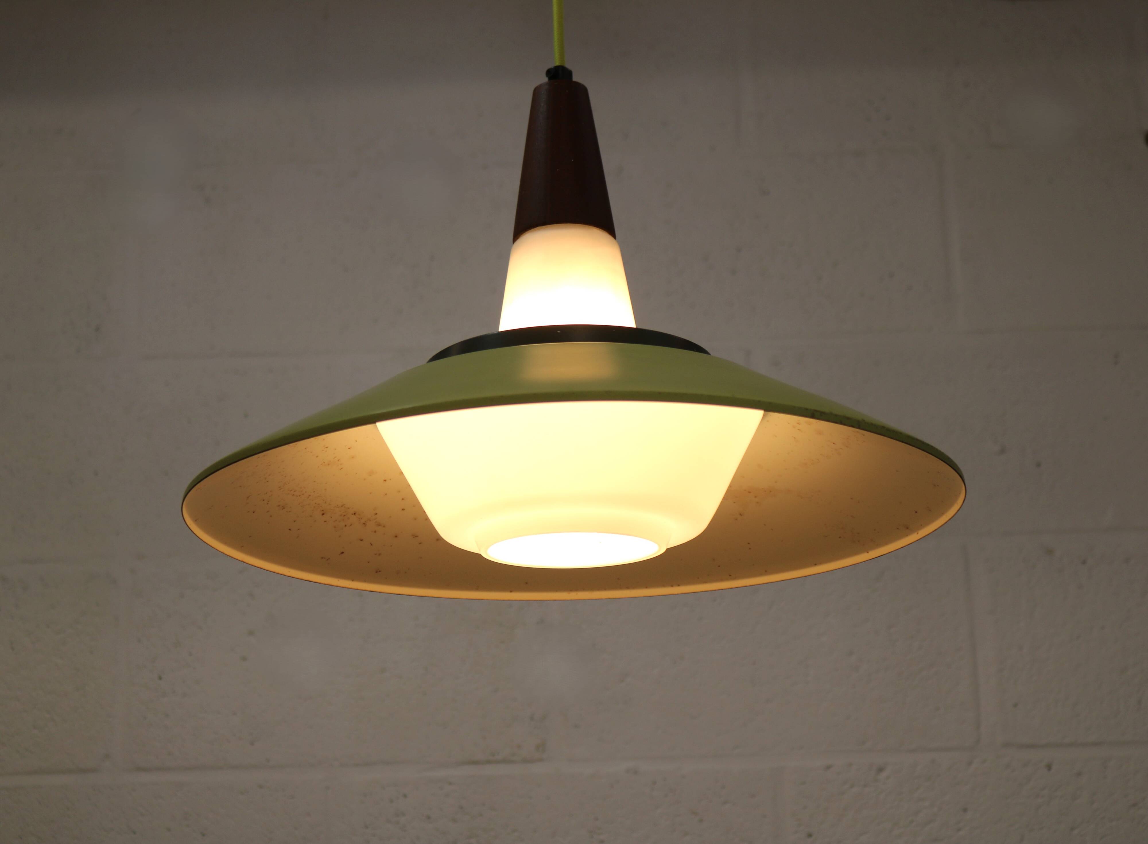 Opal glass and green aluminium shade vintage lamp by Voss Belysning - Denmark