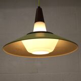 Opal glass and green aluminium shade vintage lamp by Voss Belysning - Denmark