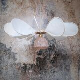 Flower pendant light 12 petals in linen and rattan with glass globe of Clichy