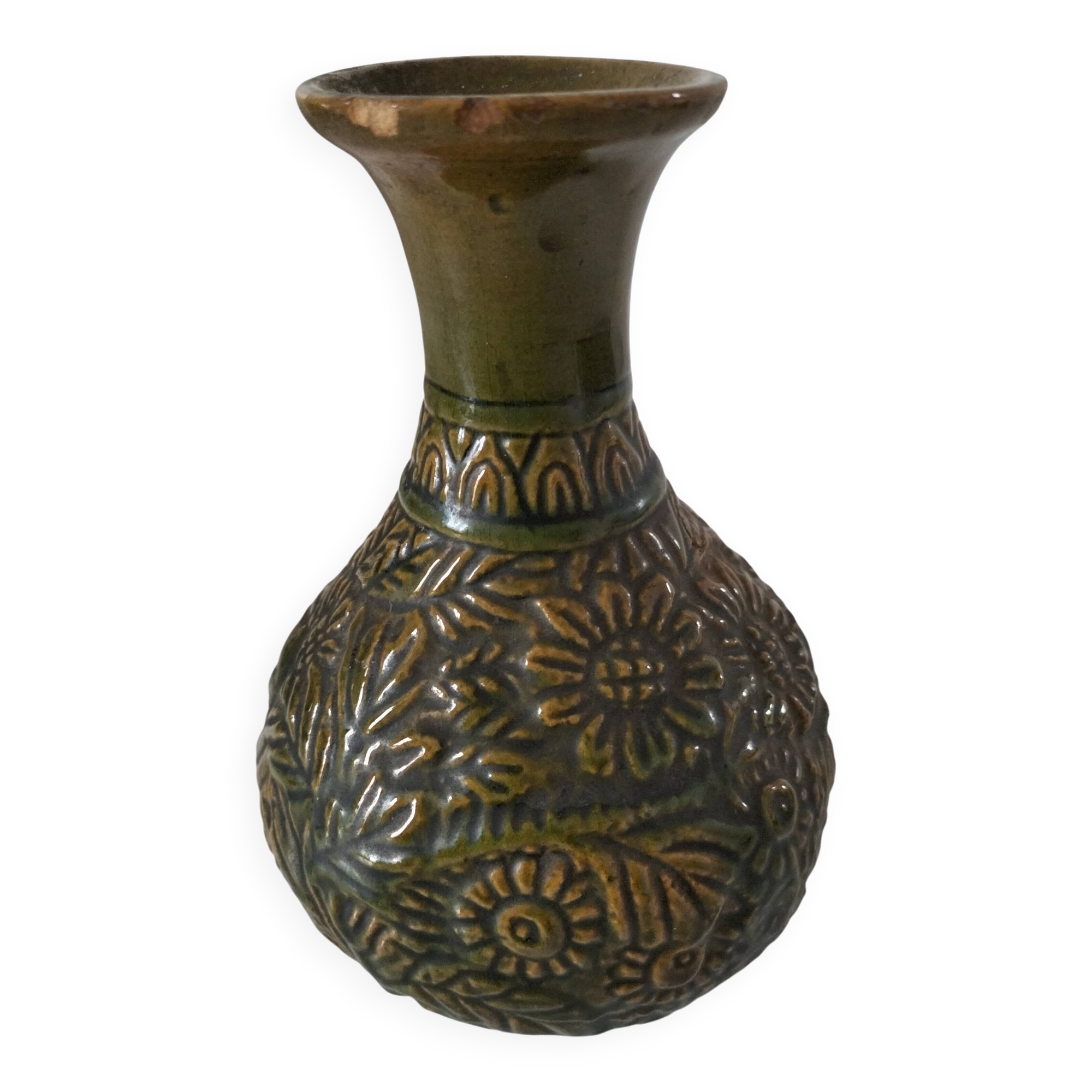 Small glazed vase with raised floral decoration