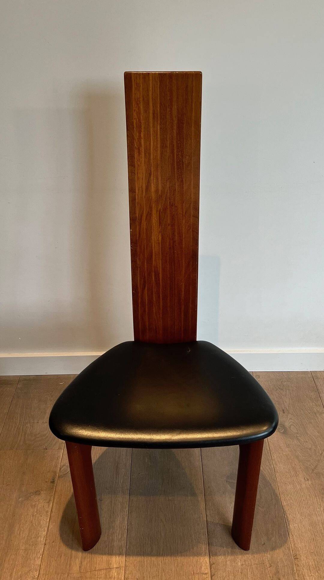 Pair of High Back Chairs, Exotic Wood & Black Leather, Scandinavian, varnished