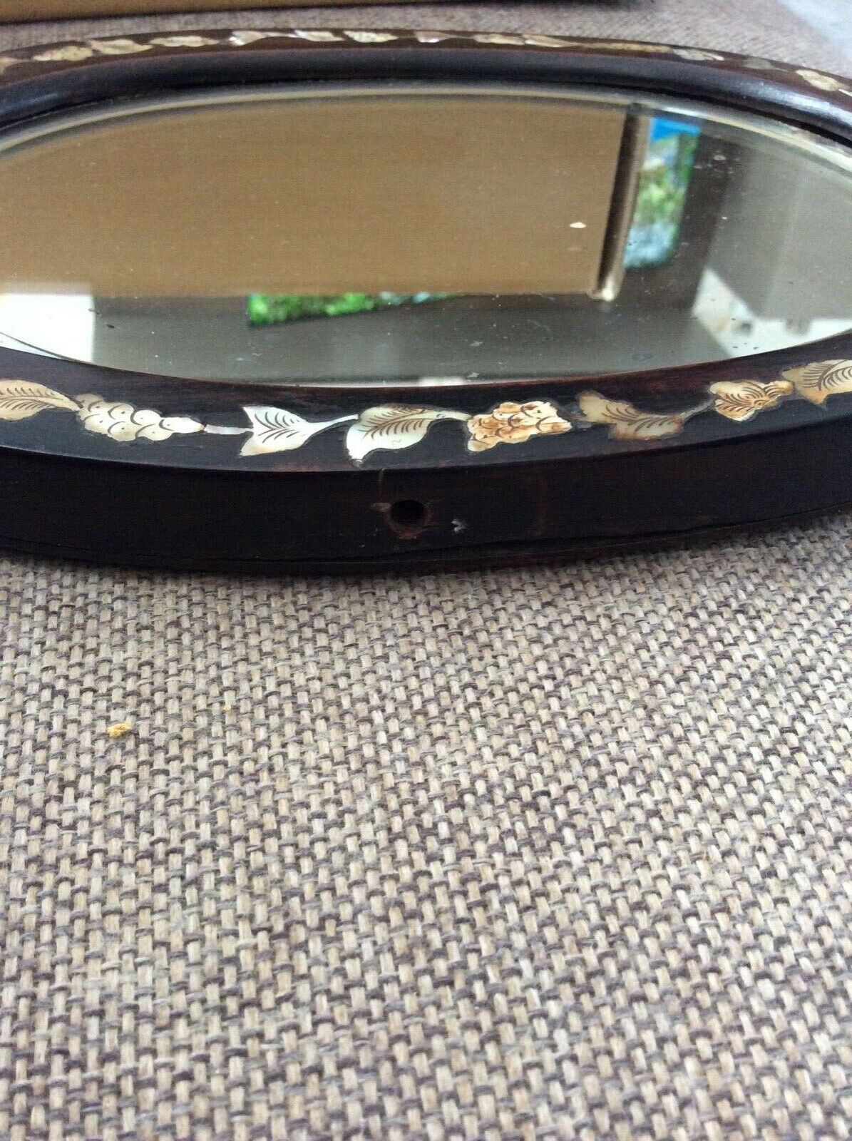 Bevelled mirror with wooden frame and mother-of-pearl 26.7 x 20.4 cm