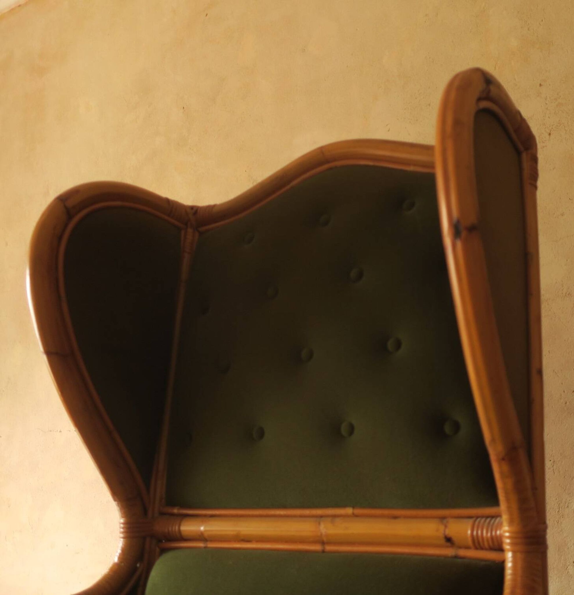 Mid-century wingback chair in bamboo and olive green, 1960s
