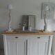 Vintage sideboard, 2 drawers, 1 shelf, 2 pearl gray patinated doors, wooden top.