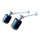 Pair of long white arm wall lights with black spot. "lita device"