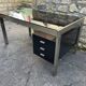 Vintage desk in smoked glass and brushed steel. 1970. Suspended box