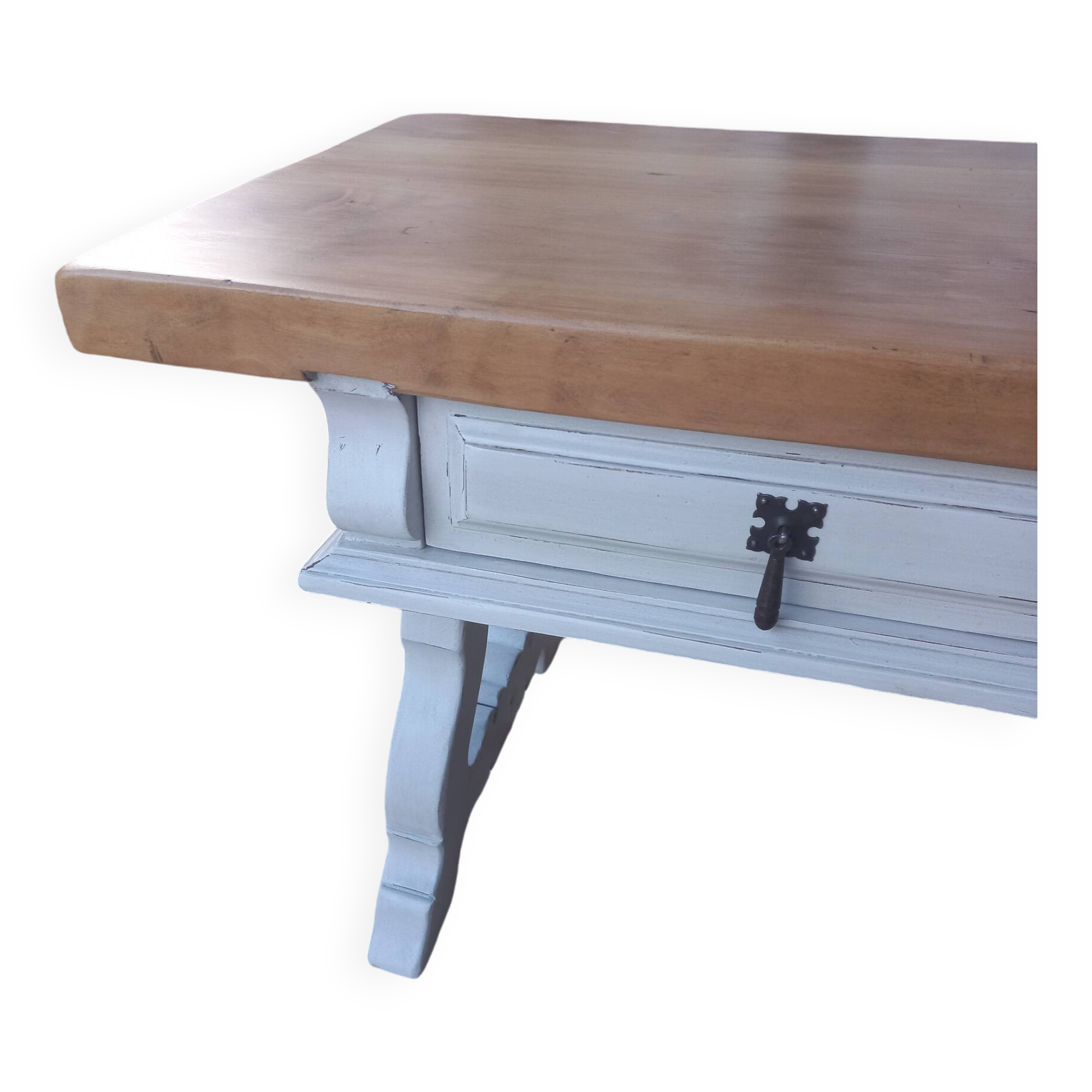 Patinated linen coffee table with raw top