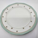 Limoges porcelain plates with green border and gold and blue flower decoration, French set of 8