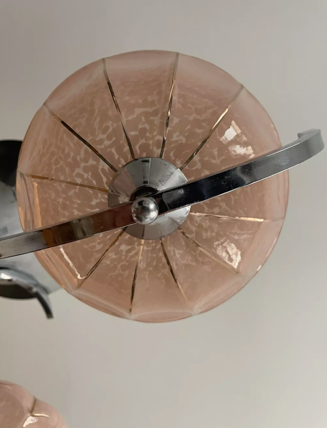 Vintage art deco chandelier, chrome and pink glass, vintage 1930
