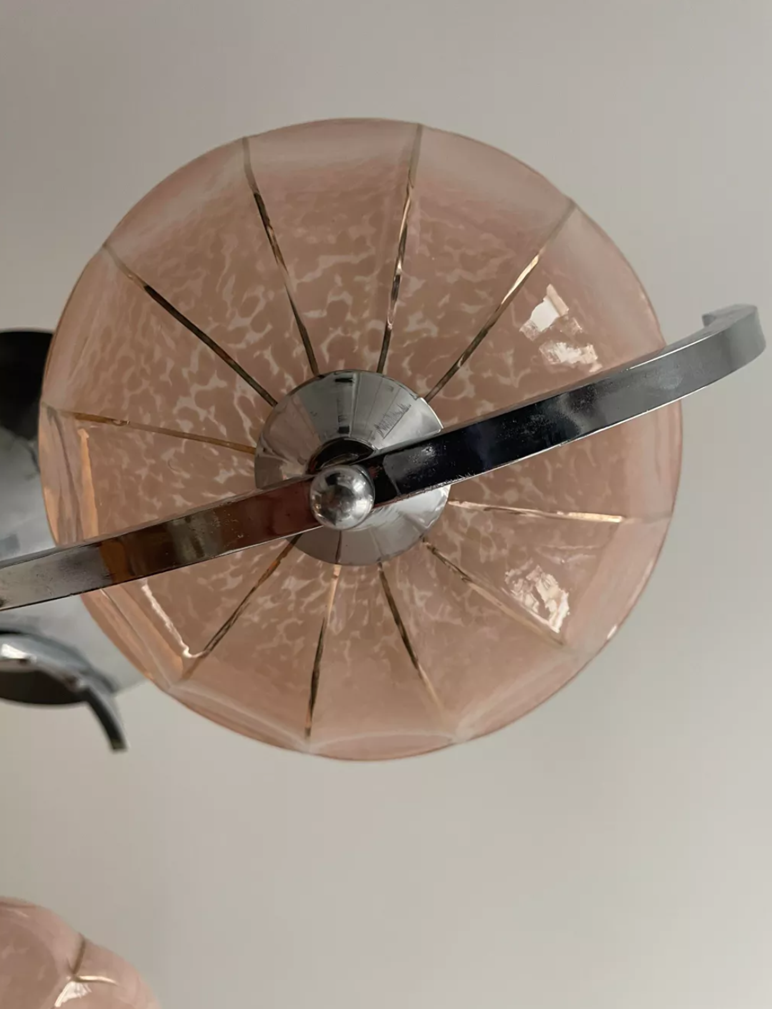 Vintage art deco chandelier, chrome and pink glass, vintage 1930