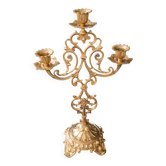 Antique three-light openwork brass church candelabrum.