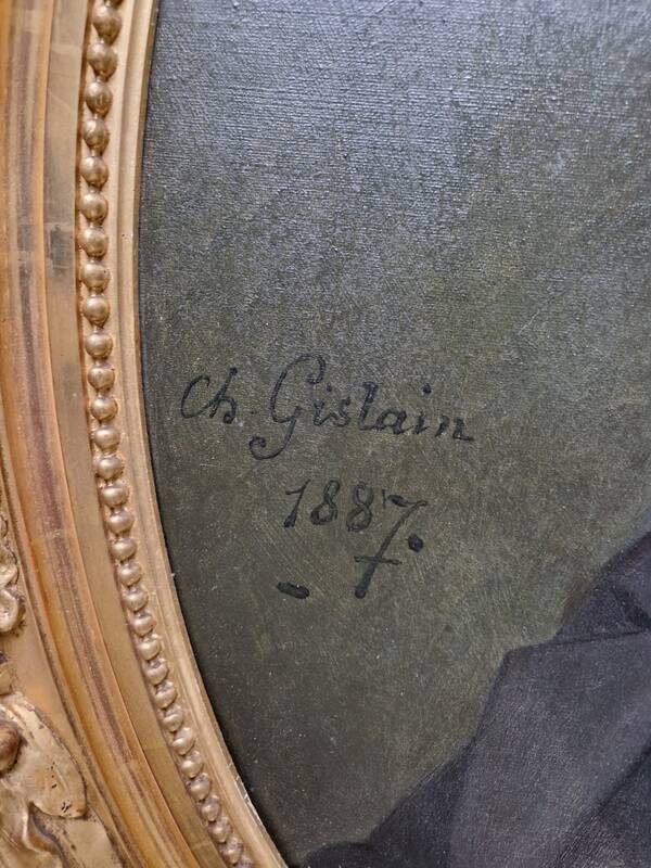 Charles Gislain (1826-1904) - Huile sur toile ovale - Portrait d'Homme 1887