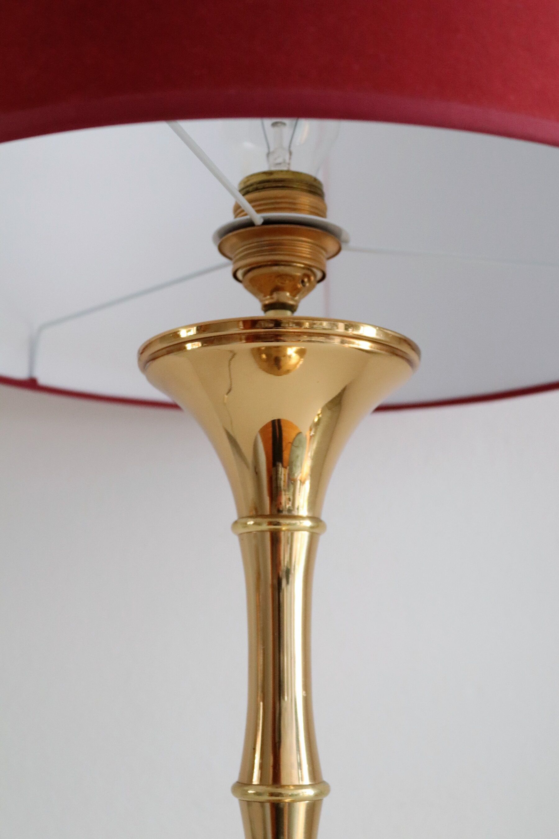 Brass bamboo table lamp by Ingo Maurer with velvet lampshade, 1960