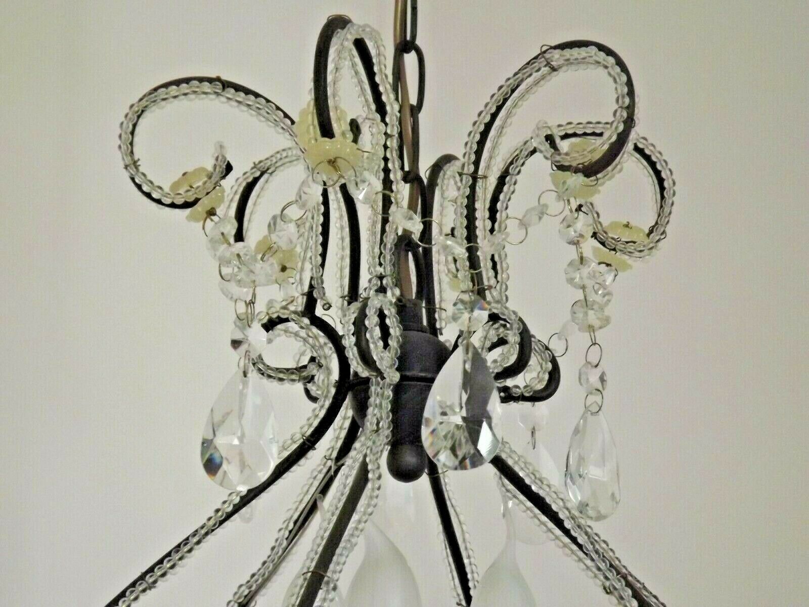 French Parisian Chic Black 3 Light Crystal Beaded 6 Sided Cage Chandelier 3620