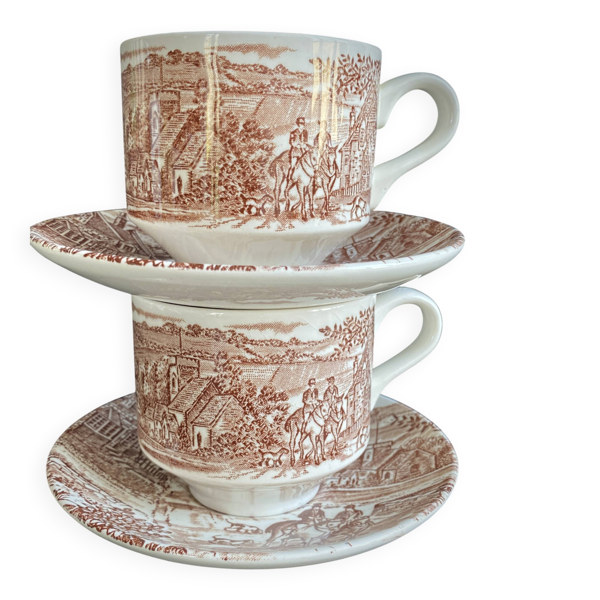 Duo of English Cups & Saucers Broadhurst Ironstone - Hunting Scene