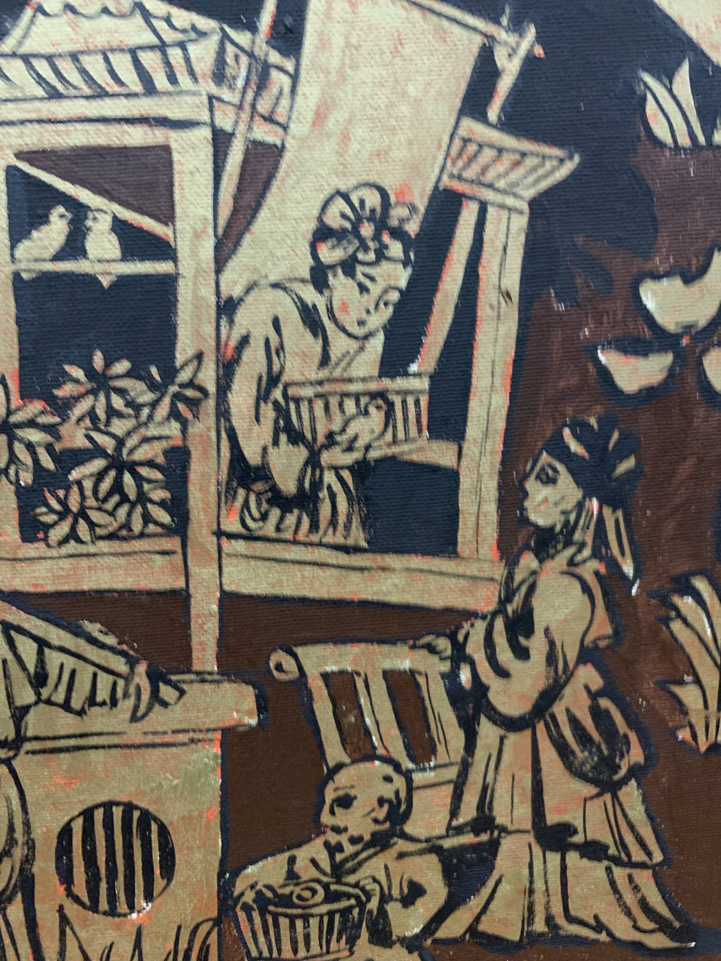 Screen with Japanese decor and black lacquer