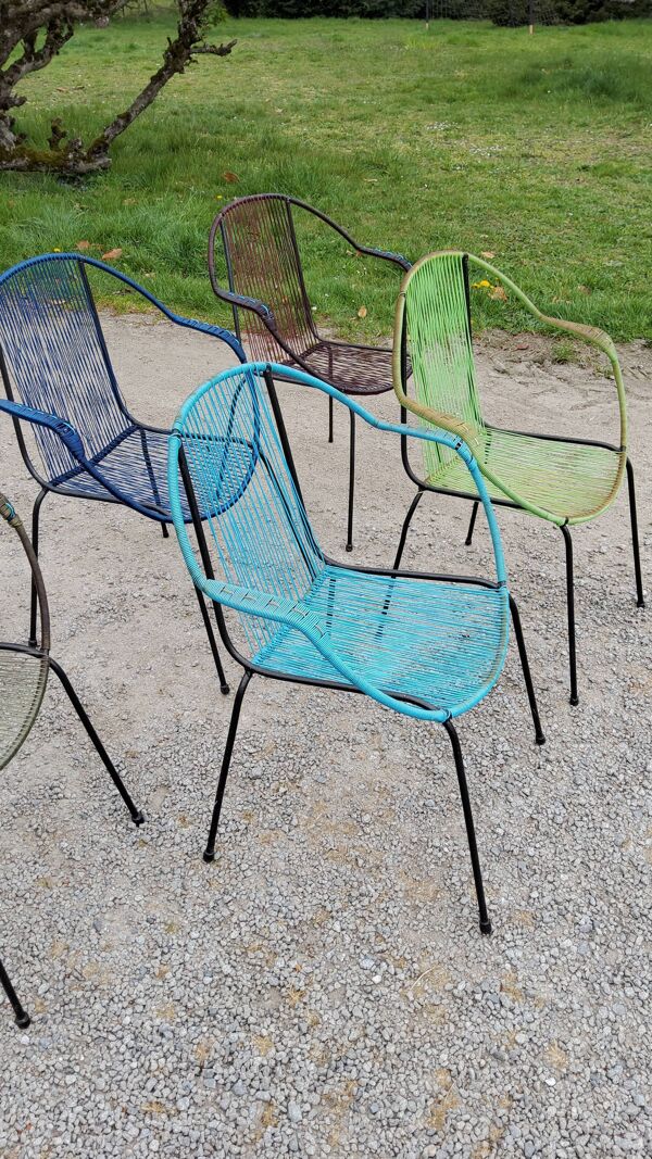 Set de 5 fauteuils en fer et scoubidou des années 50/60