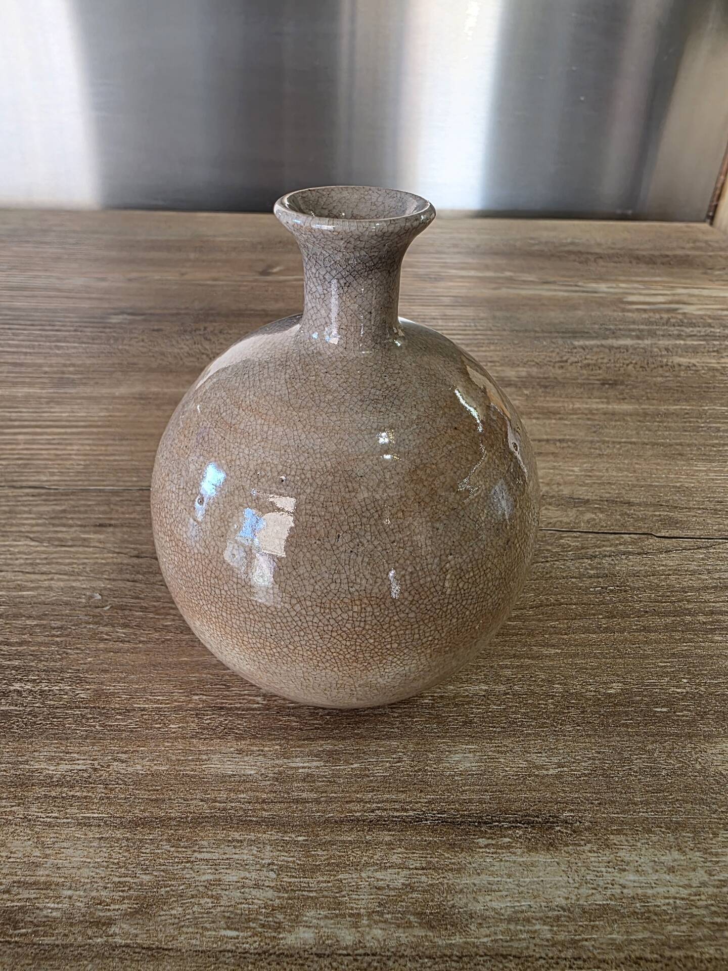 Small round vase soliflore, crackled glazed stoneware, ceramist seal.