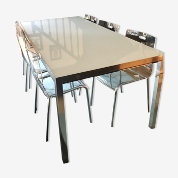 Stretch table in white lacquered glass 8/12 people with 6 chairs