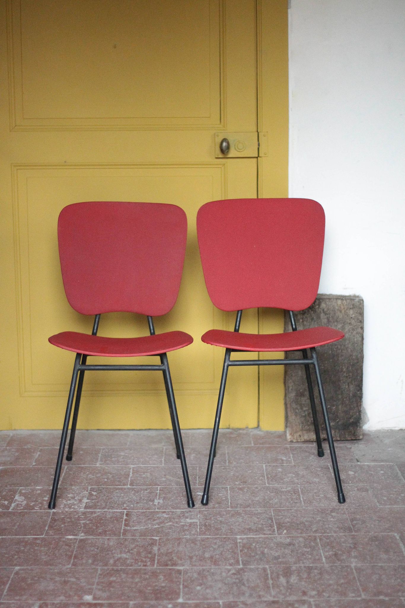 Pair of wooden and faux leather chairs from the 1950s, vintage chairs, retro.