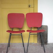 Pair of wooden and faux leather chairs from the 1950s, vintage chairs, retro.