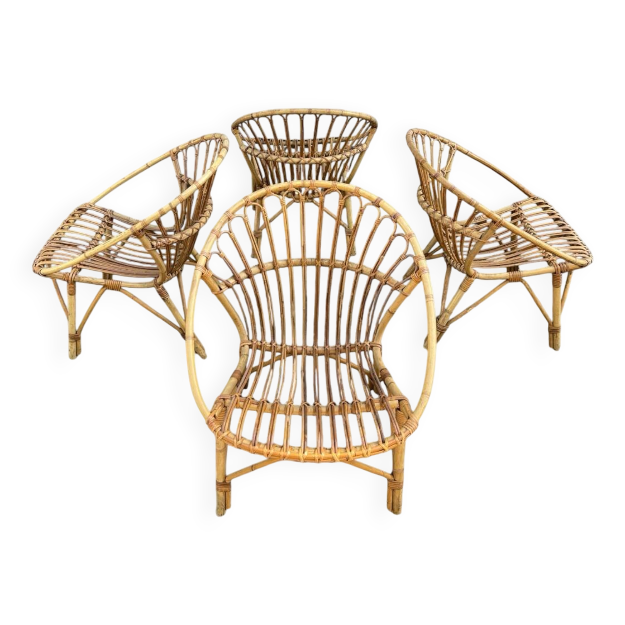 4 Fauteuils de jardin vintage rotin corbeille 1950/ 1960