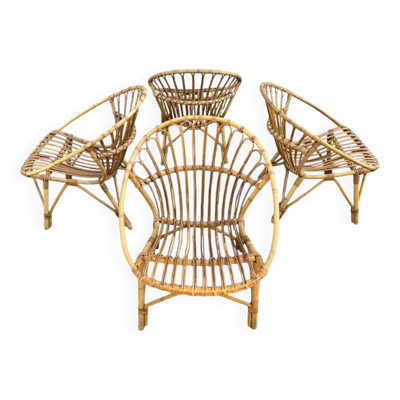 4 Fauteuils de jardin vintage rotin corbeille 1950/ 1960