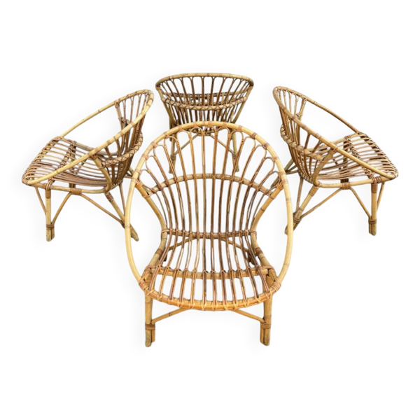 4 Fauteuils de jardin vintage rotin corbeille 1950/ 1960